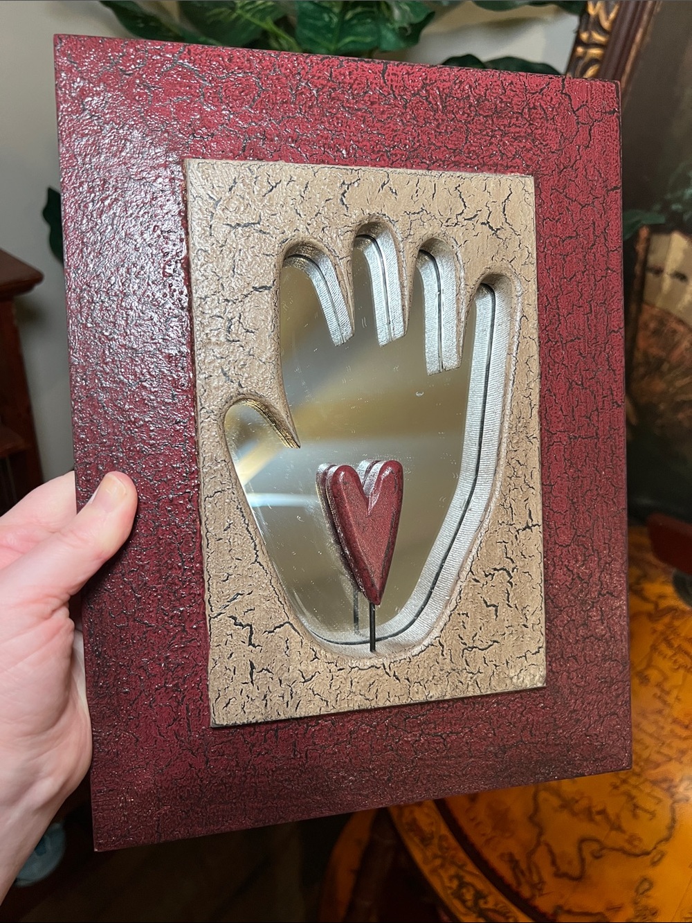 Vintage Style Primitive Rustic Folk Art Heart in Hand Wall Mirror